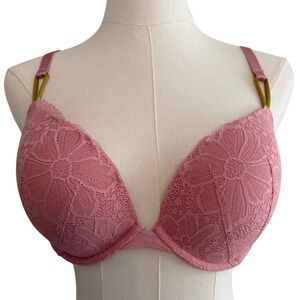 Victoria's‎ Secret Push Up Bra 36D Dusty Rose Floral Lace Gold Accents